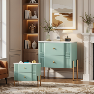 Sunvega Modern Nightstand with 2 Storage Drawers and Golden Metal Handles for Bedroom