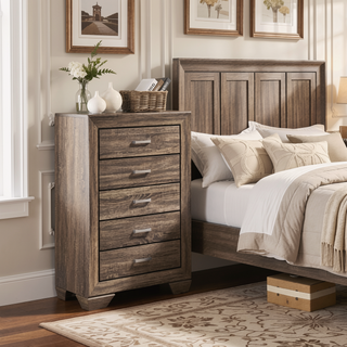 Sunvega Mid-Century Modern 5-Drawer Chest in Washed Taupe with Oak Grain and Metallic Pulls