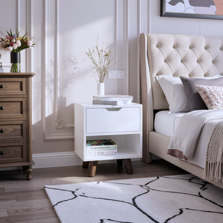 Sunvega Modern Nightstand with Open Shelf and Drawer on Wooden Legs for Bedroom