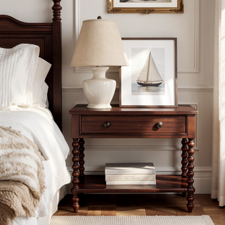 Sunvega Antique Cream Nightstand with Spindle Legs and Spacious Drawer Storage