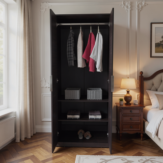 Sunvega Modern Double Door Wardrobe with Hanging Rod and Shelves Black