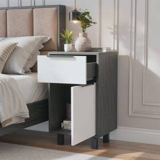 Sunvega Maryland Z Nightstand with One Drawer and Cabinet in Smokey Oak White