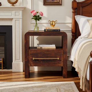 Sunvega Solid Oak Bedside Table with Brass Handle and Open Shelf