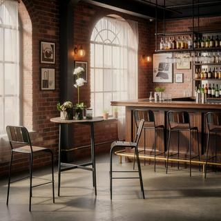 Sunvega Multi Pine Wood Finish Round Bar Table with Gun Metal Frame