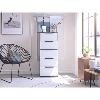 Sunvega White Pine Modern Vertical Five Drawer Dresser for Narrow Spaces