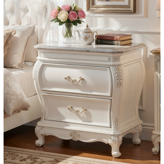 Sunvega Pearl White Finish Nightstand with Granite Top and Two Spacious Drawers