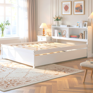 Sunvega White Twin Trundle Bed with Storage Headboard and Bookcase
