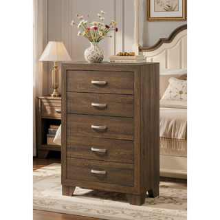 Sunvega Miquell Oak Finish Chest with Five Spacious Drawers and Wooden Block Legs