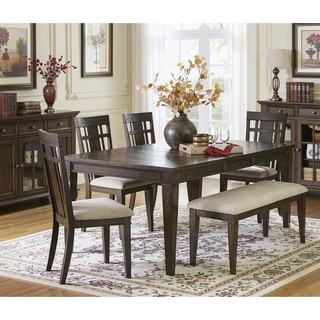 Sunvega Dark Brown Finish Wooden Dining Bench with Beige Fabric Upholstered Seat