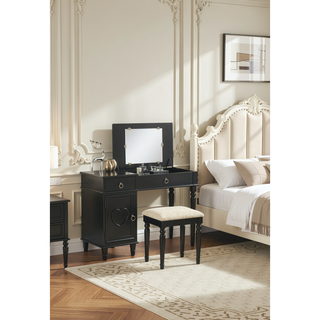 Sunvega Silver Color Rubber Wood Vanity Set with Stool and Open Up Mirror Storage