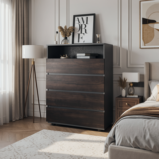 Sunvega Stained Walnut 4-Drawer Dresser with Open Shelf for Modern Bedrooms