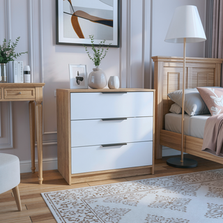 Sunvega Modern 3 Drawer Dresser with Spacious Top Surface in White and Light Oak