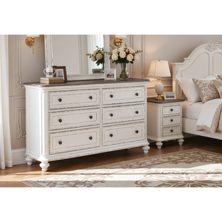 Sunvega Antique White and Brown-Gray Finish Nightstand with Black Knobs and Dovetail Drawers