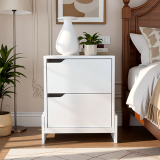 Sunvega Brookland Nightstand with Double Drawers and Sturdy Base in White Macadamia