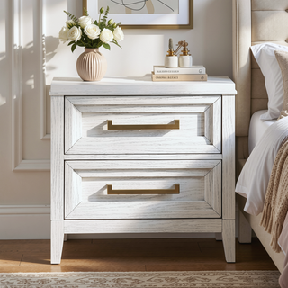 Sunvega Distressed White Nightstand with Two Roomy Drawers and Stepped Design