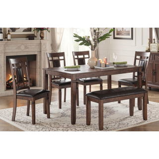 Sunvega Cherry Finish Dining Table Set with 4 Chairs and Bench