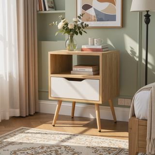 Sunvega Natural Oak and White Nightstand with Open Storage for Décor