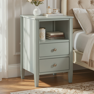 Sunvega Antique White Winston 2-Drawer Nightstand with Open Shelf and Fluted Legs