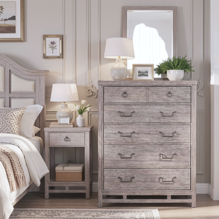 Sunvega Oak Five Drawer Chest with Antique Brass Hardware in Dawn Finish