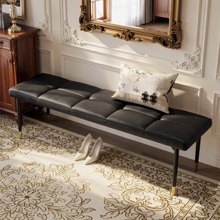 Sunvega 47 Inch Multifunctional Black Shoe Bench with Faux PU Cushion and Gold Accents