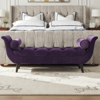 Sunvega Alma Tufted Purple Velvet Flared Arm Entryway Bench with Bolster Pillows