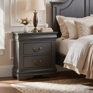 Sunvega Light Gray Solid Wood Nightstand with Two Drawers and Nickel Handles