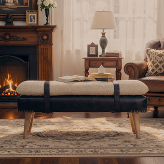 Sunvega Bouclé Upholstered Bench with Buffalo Hide Leather and Nordic Legs
