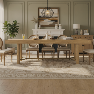 Sunvega Sand Wash Dining Table with Removable Leaf and Antique Brass Trestle Base
