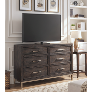 Sunvega Walnut Finish Mindi Veneer Dresser with Champagne Metal Base and Hardware