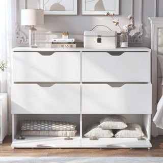 Sunvega White Dresser with Four Drawers and Two Cabinets for Bedroom Storage