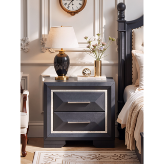 Sunvega Modern Black Wood Veneer Nightstand with Two Drawers for Bedroom