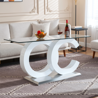 Sunvega Modern White Dining Table with OC-Shaped Base and Tempered Glass Top