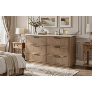 Sunvega Oak Veneer Dresser with Stone Top and Six Soft-Close Drawers