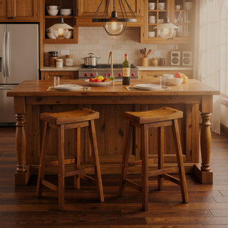 Sunvega Oak Brown Wooden 29" Counter Height Stool with Saddle Seat
