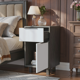 Sunvega Smokey Oak White Nightstand with Drawer and Spacious Cabinet for Bedroom