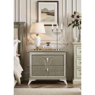 Sunvega Modern Silver Nightstand with 2 Spacious Drawers and Mirror Accents