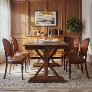 Sunvega Solid Wood Treston Dining Table with Broad Tabletop and Trestle Base