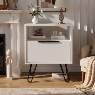 Sunvega White Nightstand with Hairpin Legs and Single Door Cabinet