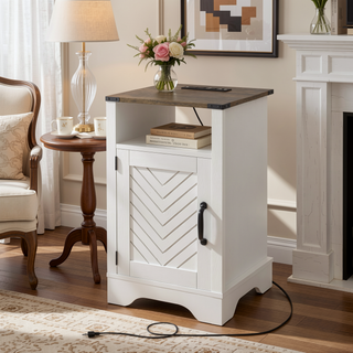 Sunvega White & Oak Farmhouse Nightstand with Electrical Outlets Charging Station and Storage