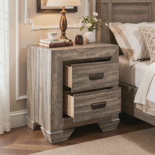 Sunvega Natural Finish Contemporary Nightstand with Two Dovetail Drawers and Flat Black Cup Pulls