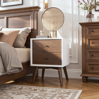 Sunvega Mid Century Modern White Night Stand with 2 Drawers for Bedroom