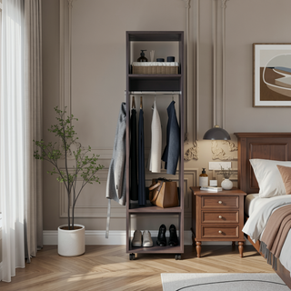 Sunvega Freestanding Wardrobe with Mirror, Shelves, Hanging Rod and Casters for Bedroom