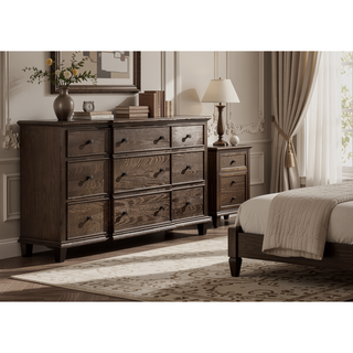 Sunvega Weathered Oak Finish Dresser with Nine Spacious Drawers and Felt-Lined Top
