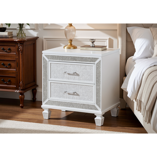 Sunvega Modern Crystal and Mirror Accent 2-Drawer Nightstand in White Finish