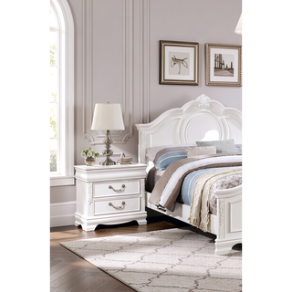 Sunvega White Transitional Nightstand with Faux Wood Carving and Nickel Hanging Pulls