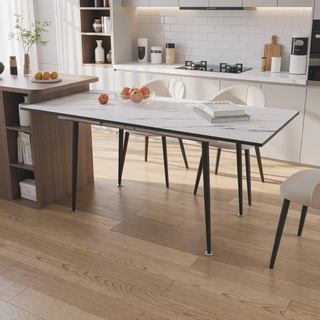 Sunvega Expandable MDF Square White Marble Dining Table with Black Metal Legs
