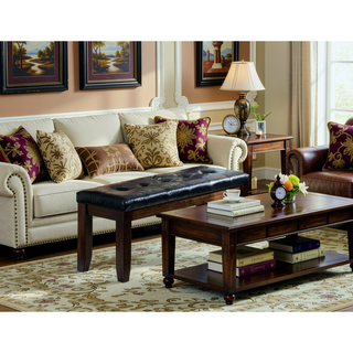 Sunvega Modern Bench with Tufted Leather-Look Seat and Tapered Wood Legs