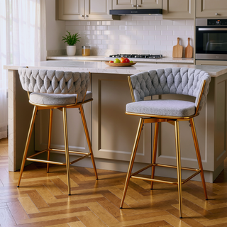 Sunvega 360 Swivel Bar Stools with Cotton Linen Cushions and Electroplated Metal Frame