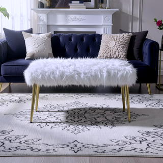 Sunvega White Faux Fur Upholstered Bench with Gleaming Gold Metal Legs