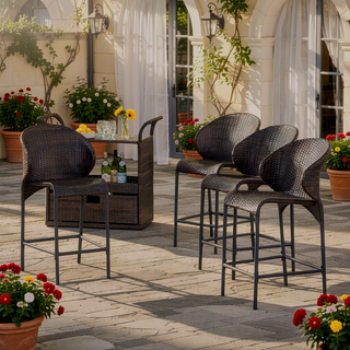 Sunvega Multibrown Wicker Counter Stools with Curved Back and Iron Frame for Patio